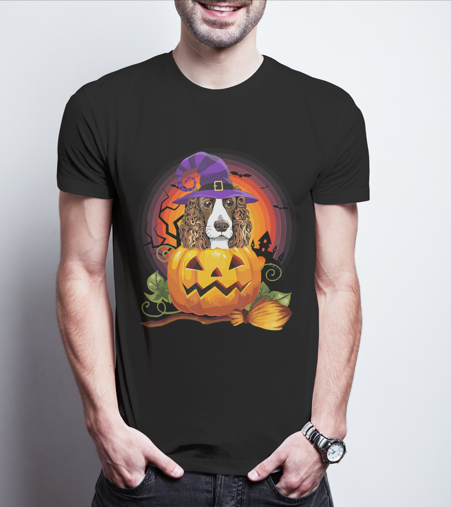 Dog Lover English Cocker Spaniel Witch Pumpkin Halloween Scene T-Shirt