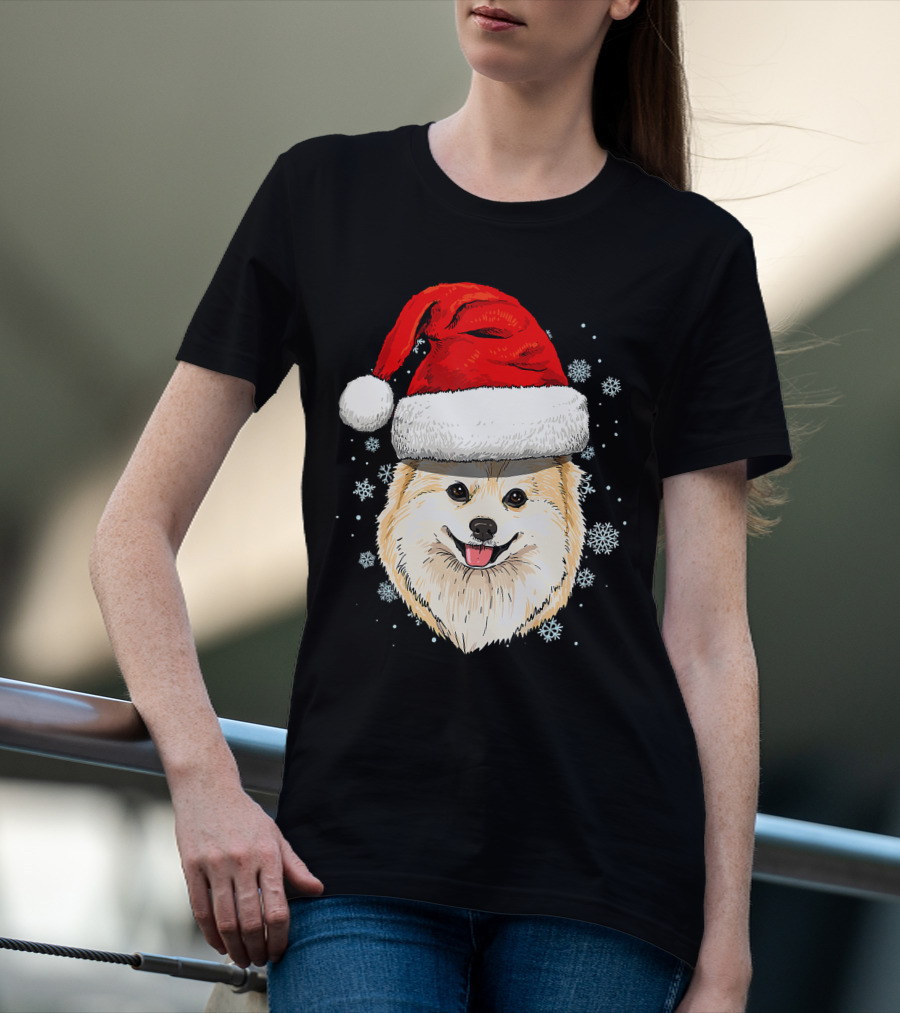 Pomeranian Santa Hat Snowflakes Christmas T-Shirt