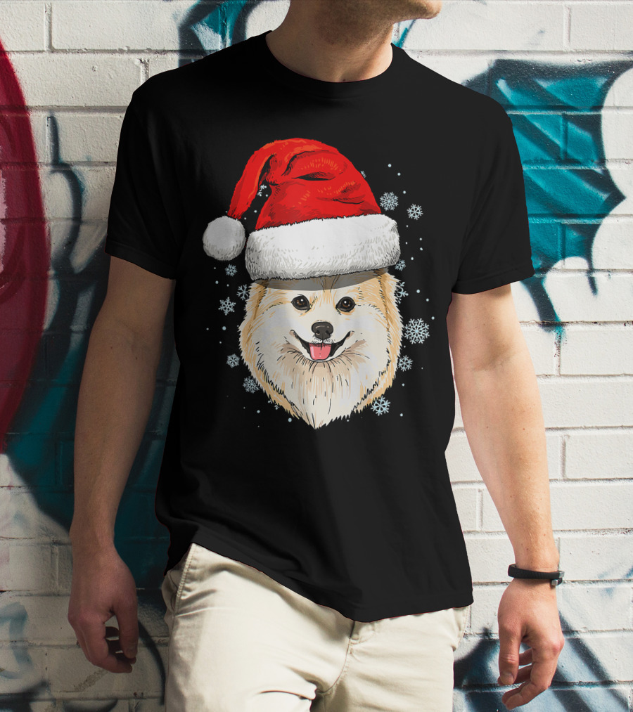 Pomeranian Santa Hat Snowflakes Christmas T-Shirt