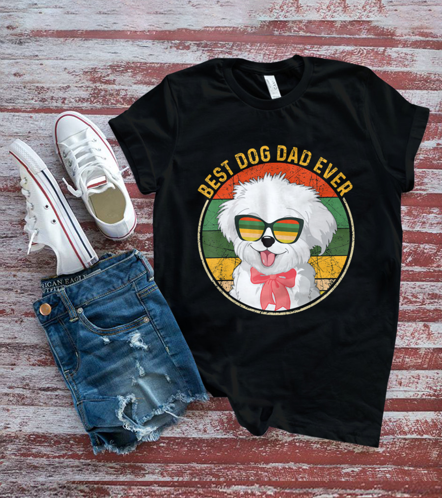Best Dog Dad Ever Retro Vintage Maltese Sunglasses T-Shirt