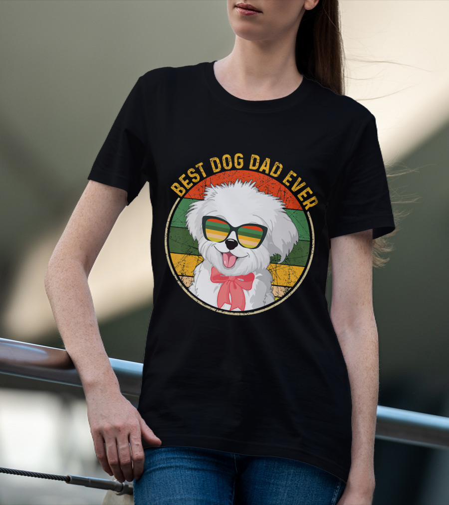 Best Dog Dad Ever Retro Vintage Maltese Sunglasses T-Shirt