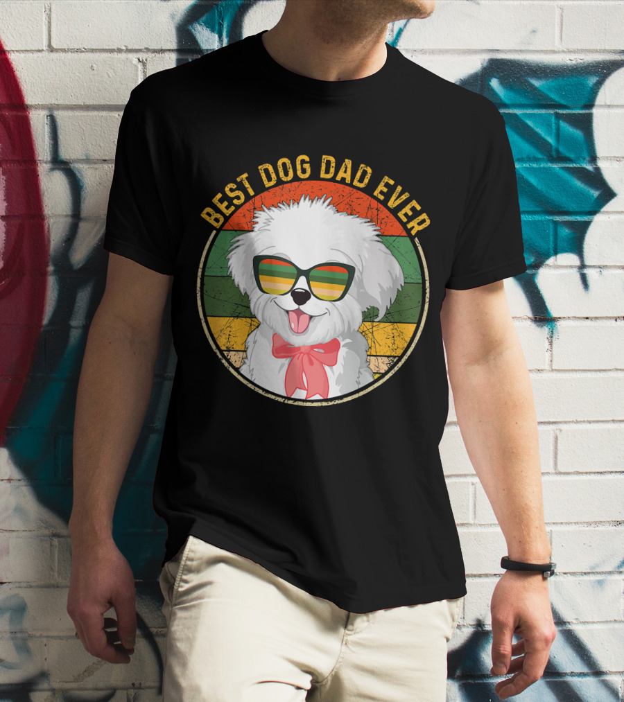 Best Dog Dad Ever Retro Vintage Maltese Sunglasses T-Shirt