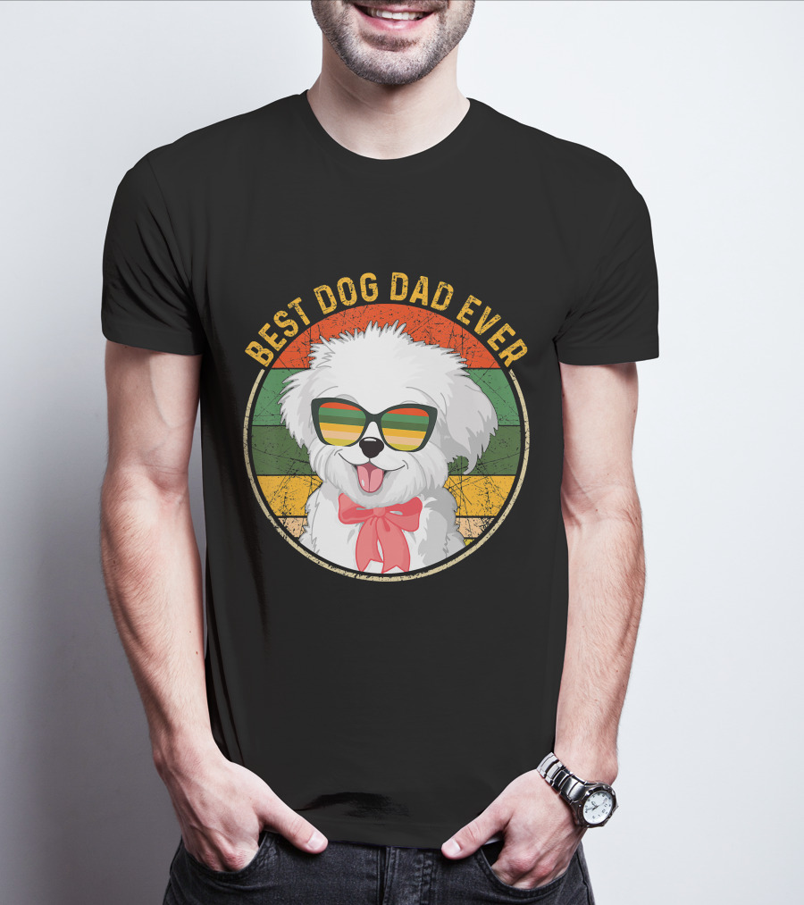 Best Dog Dad Ever Retro Vintage Maltese Sunglasses T-Shirt