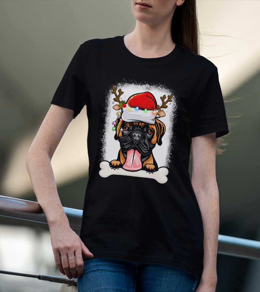 Boxer Dog With Santa Hat And Antlers Holding A Bone With Christmas Lights T-Shirt