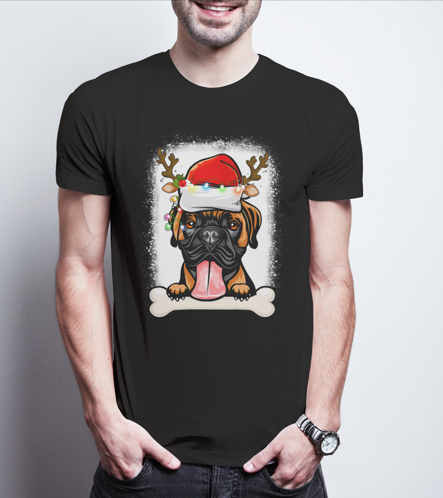 Boxer Dog With Santa Hat And Antlers Holding A Bone With Christmas Lights T-Shirt