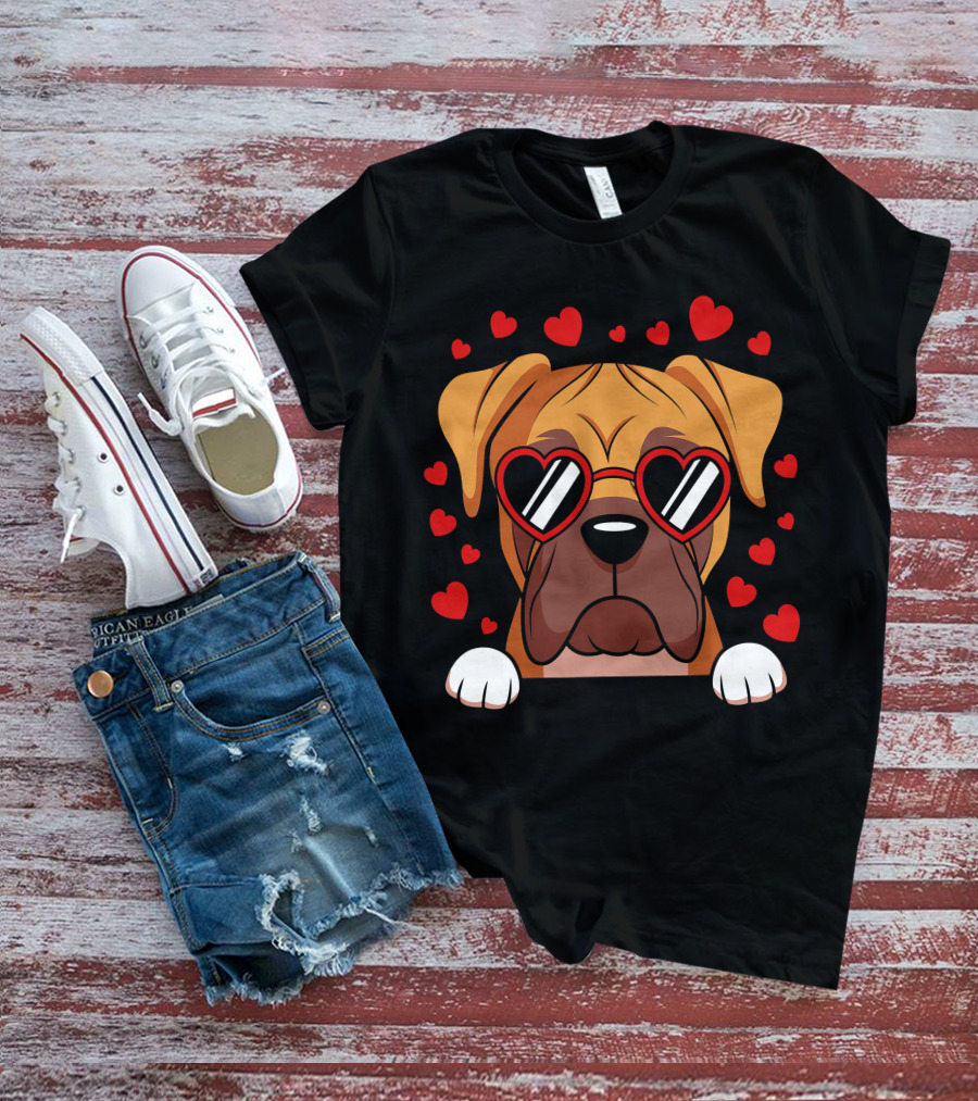 Boxer Dog Face With Red Heart Glasses Surrounded By Floating Hearts T-Shirt