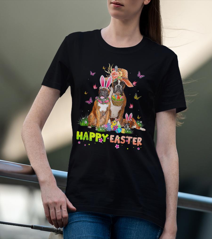Happy Easter Boxer Dogs Bunny Ears Eggs And Butterflies T-Shirt