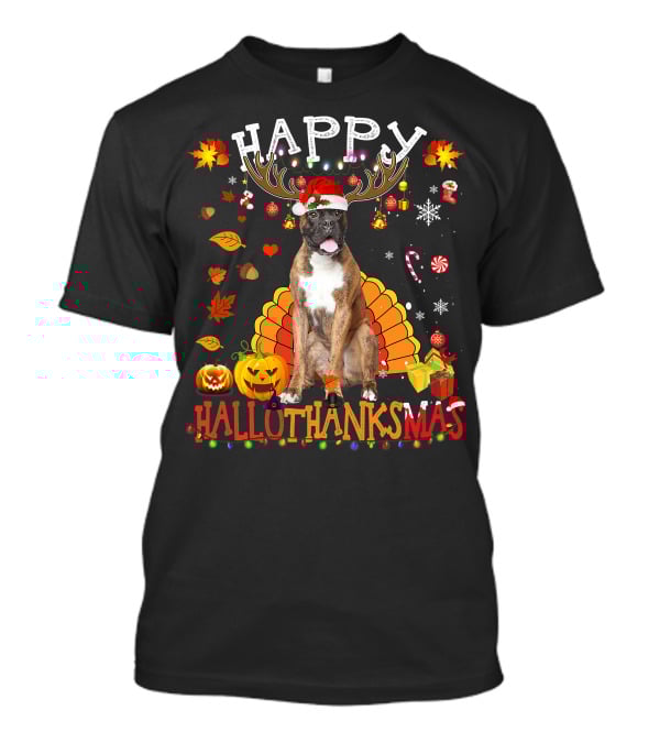 Happy Hallothanksmas Boxer Dog Halloween Turkey Christmas Lights T-Shirt