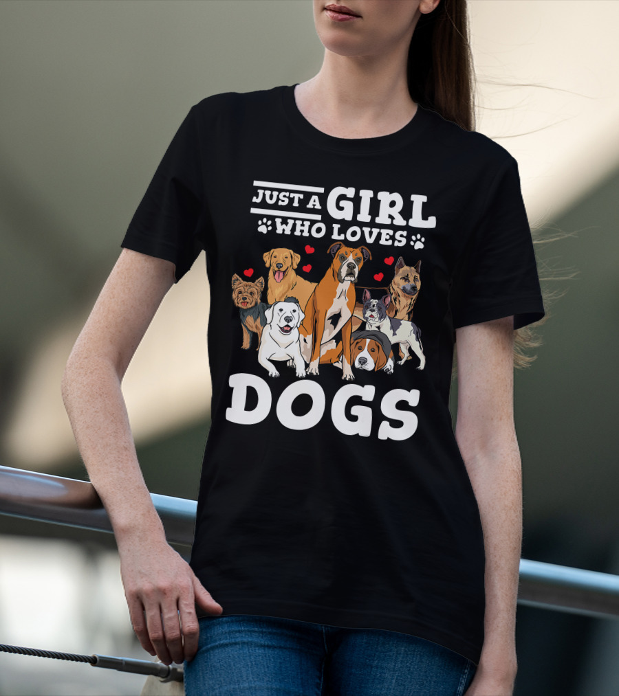 Just A Girl Who Loves Dogs With Boxer And Heart Paw Prints T-Shirt