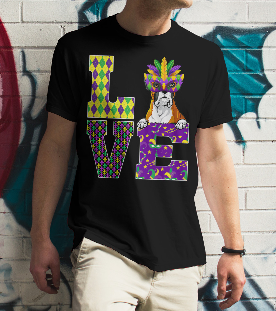 Boxer Dog Lover Mardi Gras Costume Mask Fleur De Lis Pattern Love T-Shirt