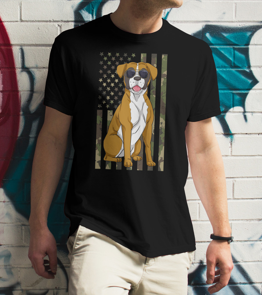 Boxer Dog Men Women Boxer Dad Mom Camo USA Flag Sunglasses T-Shirt