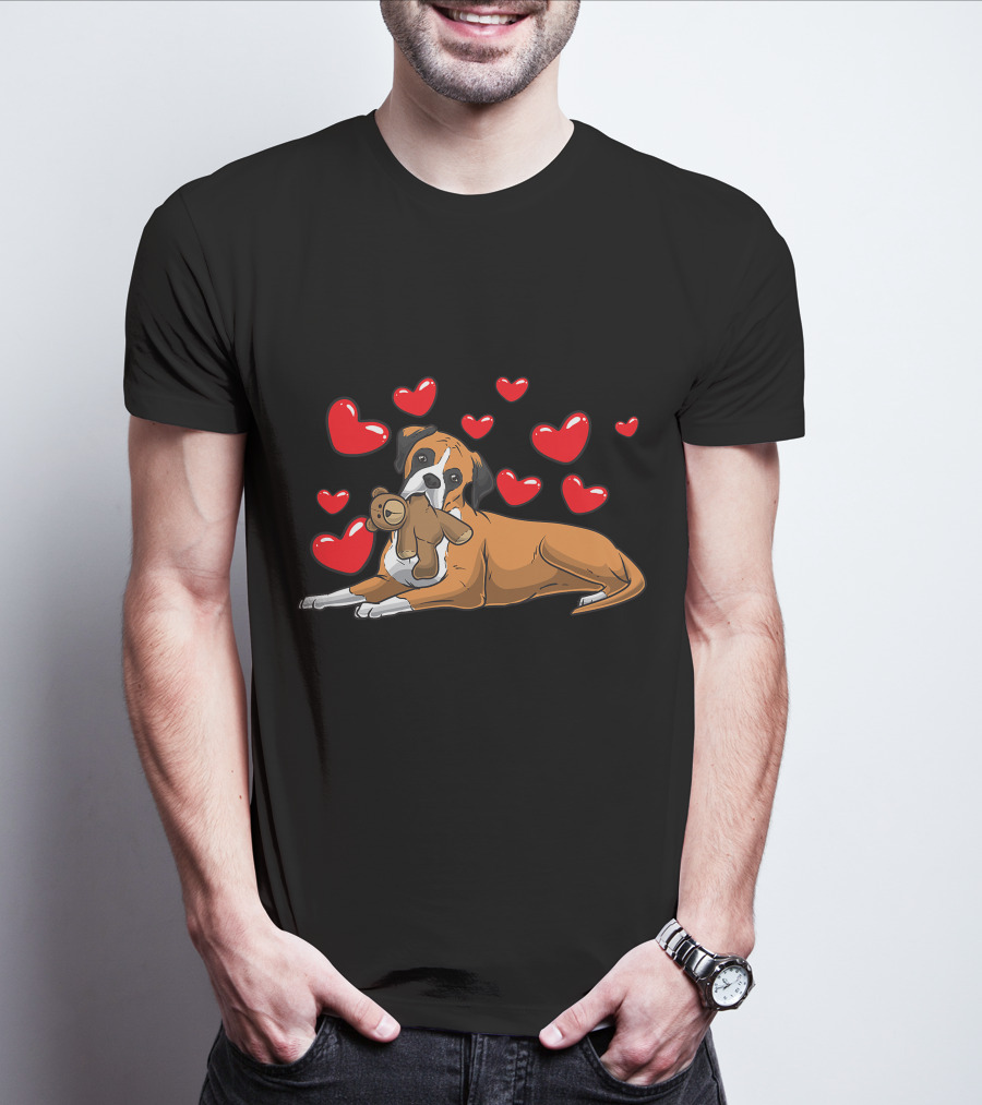 Boxer Dog Cuddling Teddy Bear Surrounded By Red Hearts T-Shirt