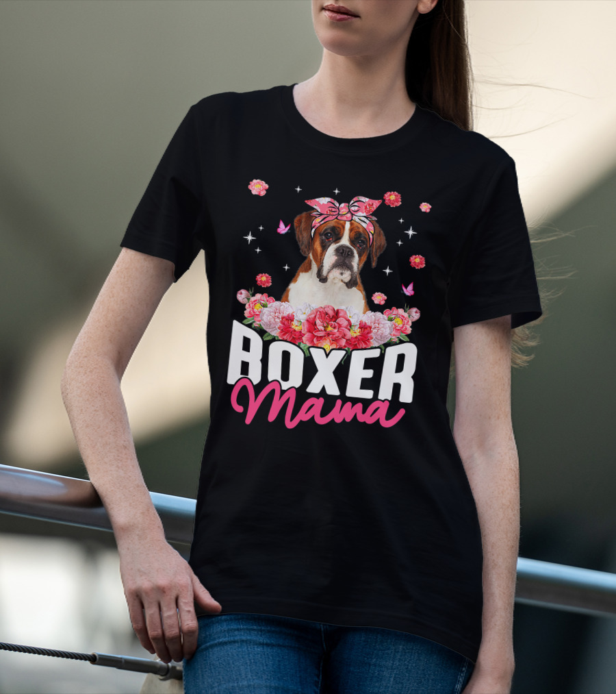 Boxer Mama Flower Bandana Blossoms And Butterflies T-Shirt