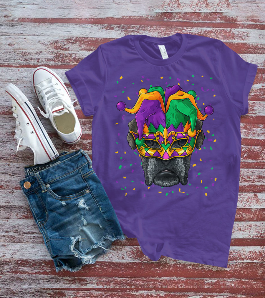 Carnival King Boxer Dog Wearing Jester Mask With Confetti T-Shirt
