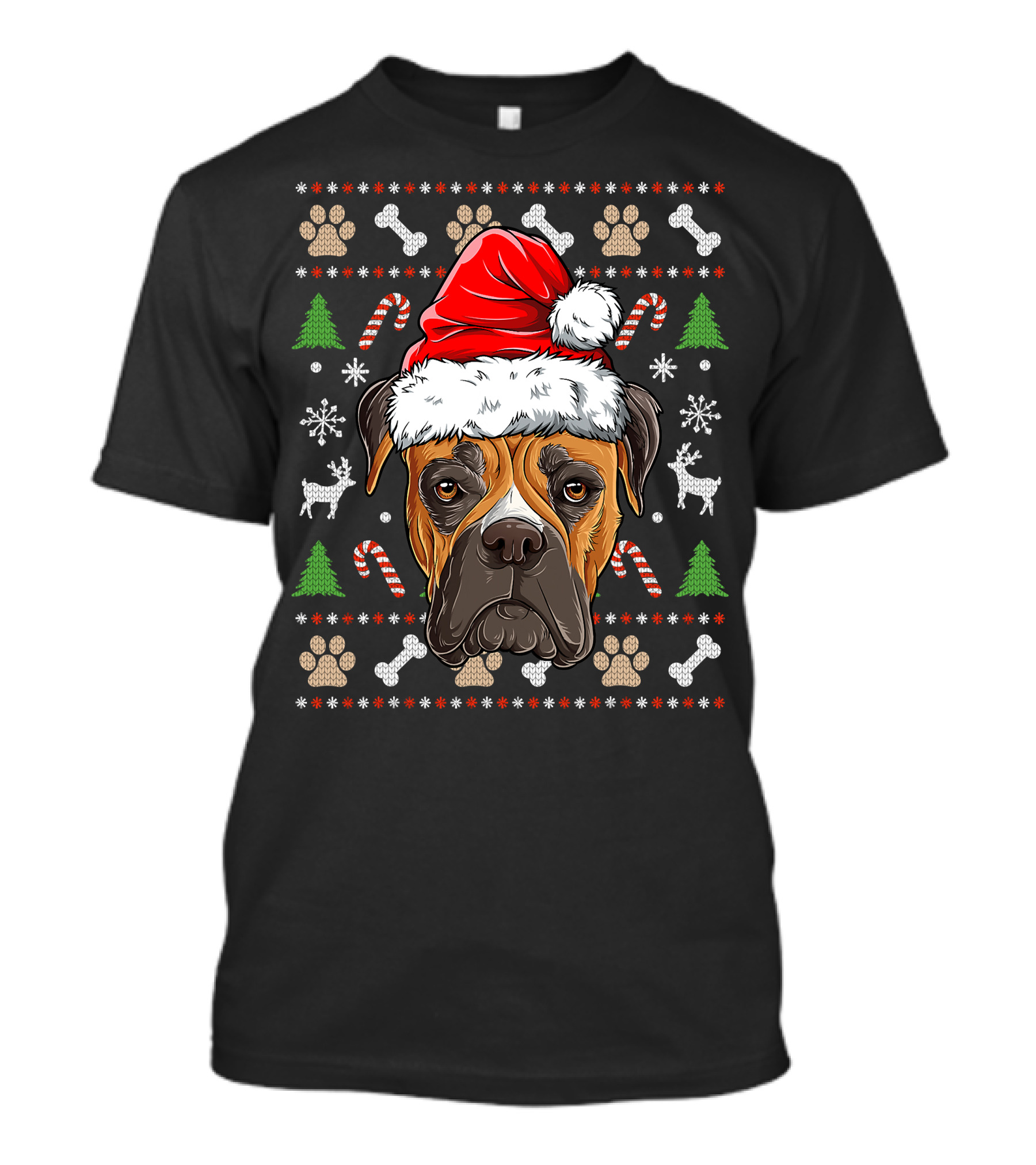 Seasonal Spirit Boxer In Christmas Santa Hat With Candy Canes And Snowflakes T-Shirt