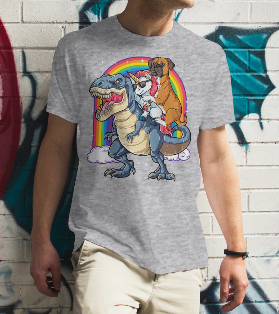 Boxer Riding Dinosaur Unicorn T-Shirt