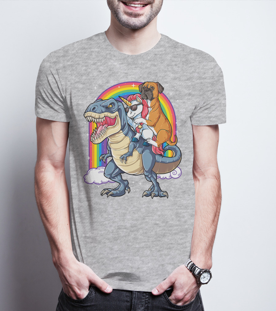 Boxer Riding Dinosaur Unicorn T-Shirt