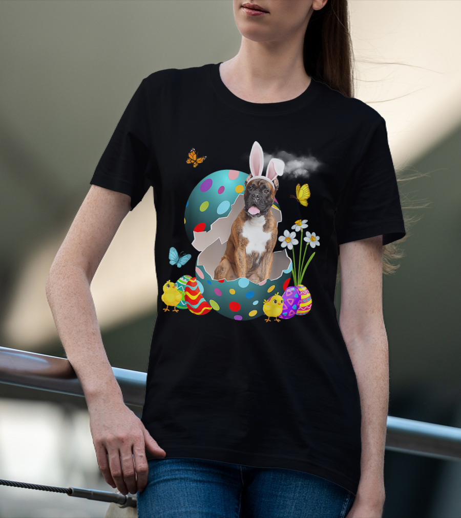 Bunny Boxer Dog With Easter Eggs Chicks Butterflies And Flowers T-Shirt