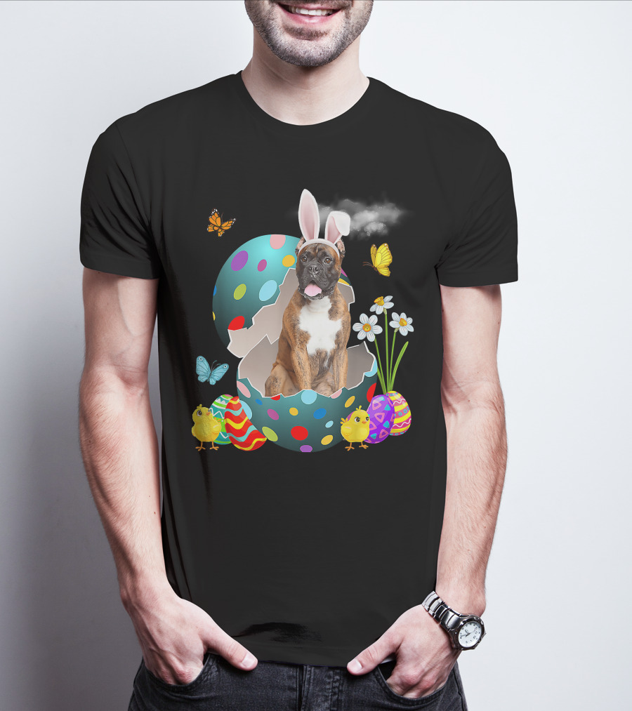 Bunny Boxer Dog With Easter Eggs Chicks Butterflies And Flowers T-Shirt