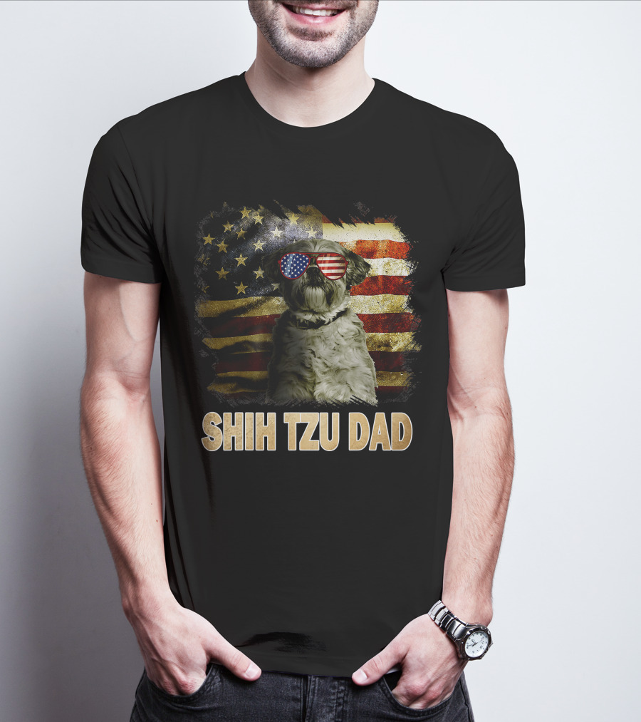 Shih Tzu Dad American Flag Glasses Patriotic Dog Holiday T-Shirt