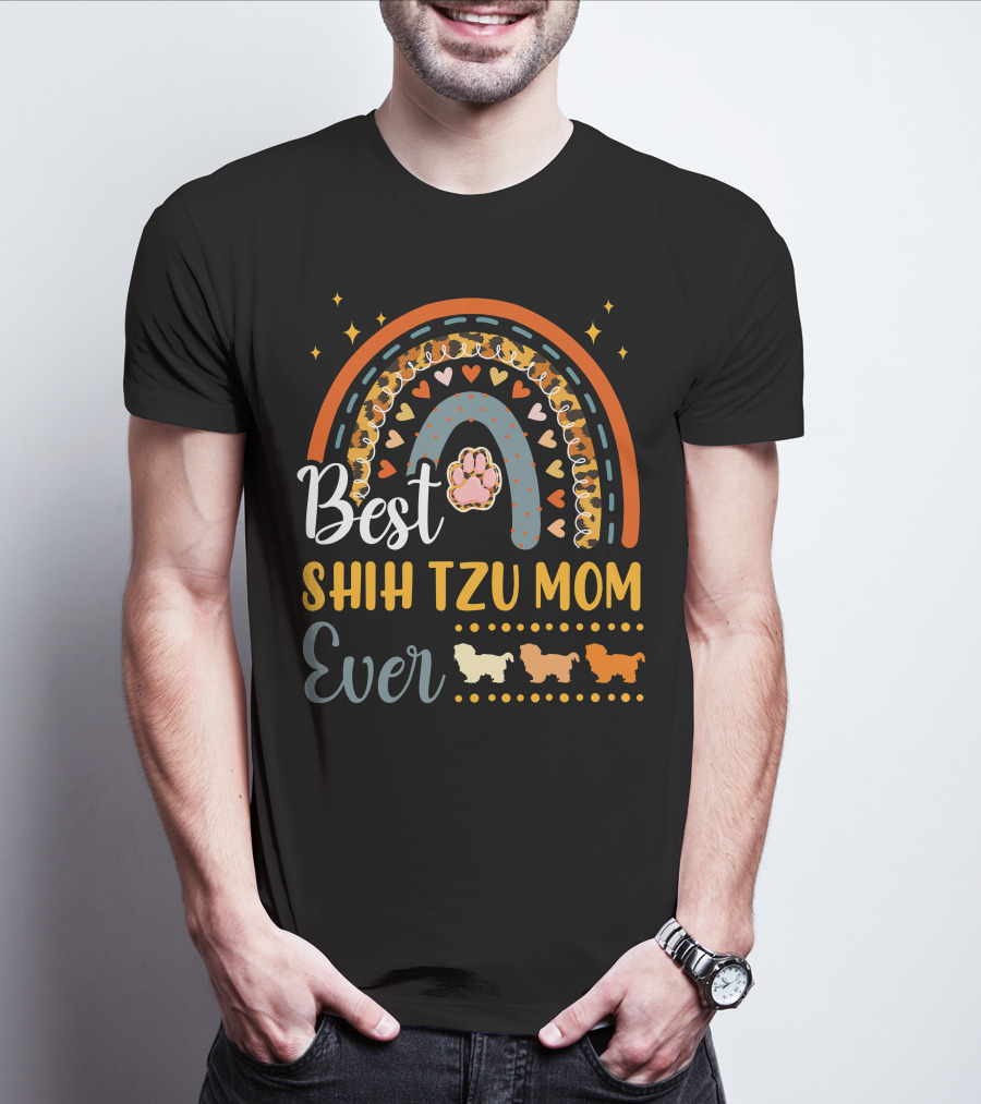 Shih Tzu Mom Ever Paw Print Rainbow Hearts T-Shirt