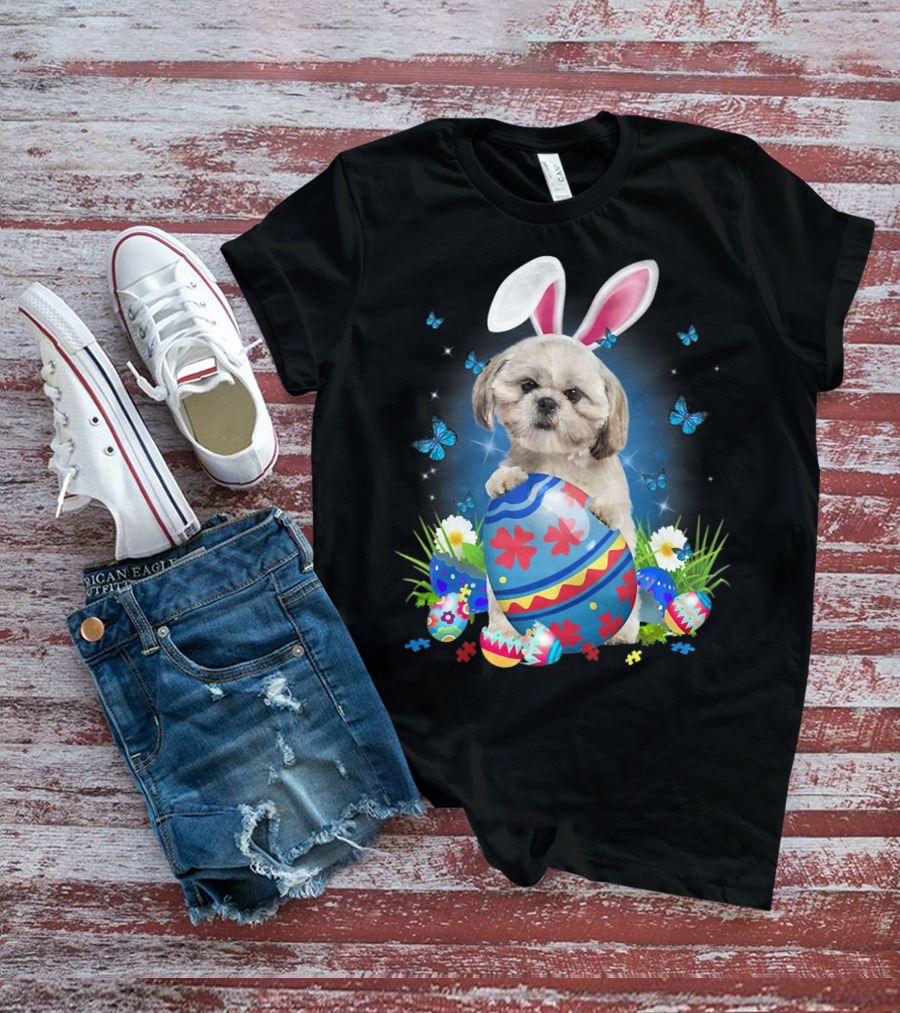 Easter Bunny Shih Tzu With Egg Basket And Flowers T-Shirt