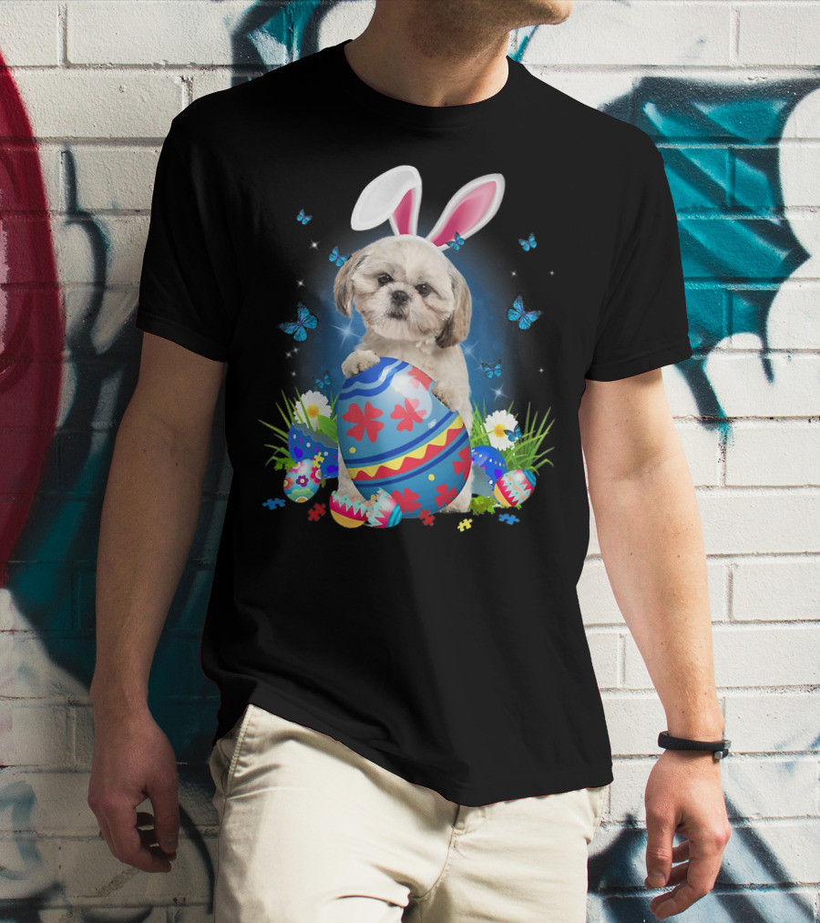 Easter Bunny Shih Tzu With Egg Basket And Flowers T-Shirt