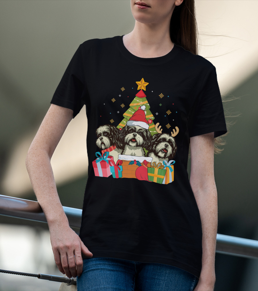 Christmas Shih Tzu Dogs With Santa Hat And Antlers By Xmas Tree T-Shirt