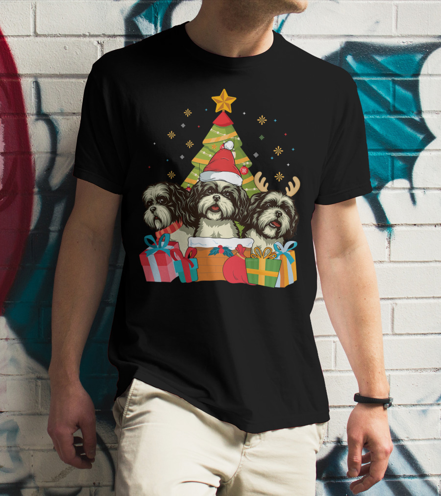 Christmas Shih Tzu Dogs With Santa Hat And Antlers By Xmas Tree T-Shirt