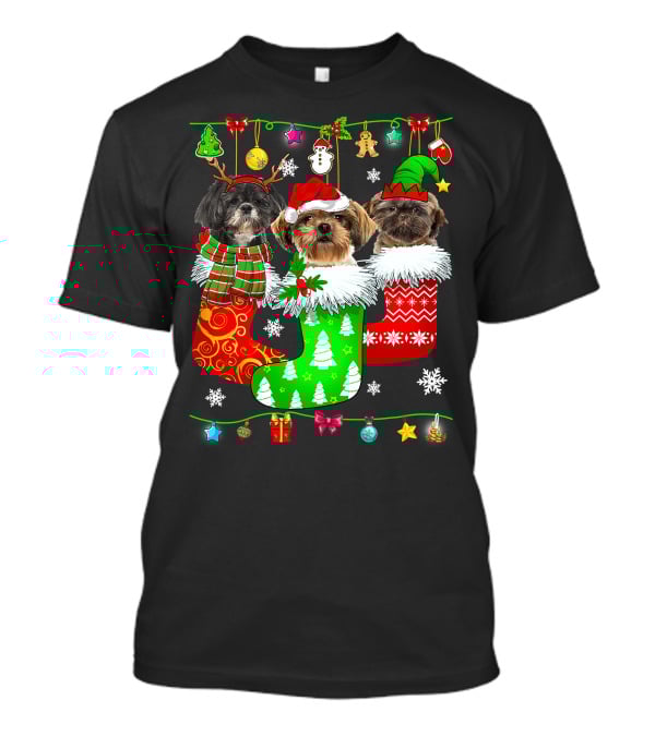 Christmas Shih Tzu Dogs In Festive Holiday Socks Pajama Lover T-Shirt