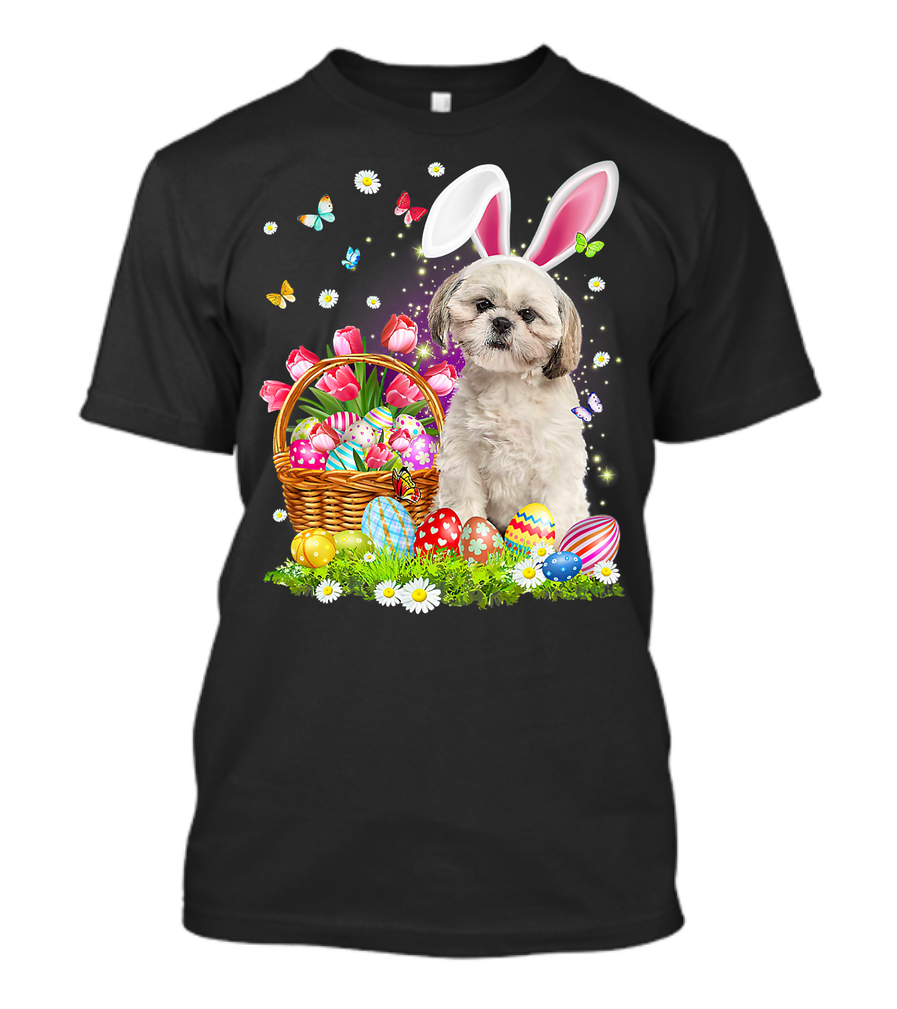 Shih Tzu Bunny Ears With Easter Eggs And Flower Basket T-Shirt