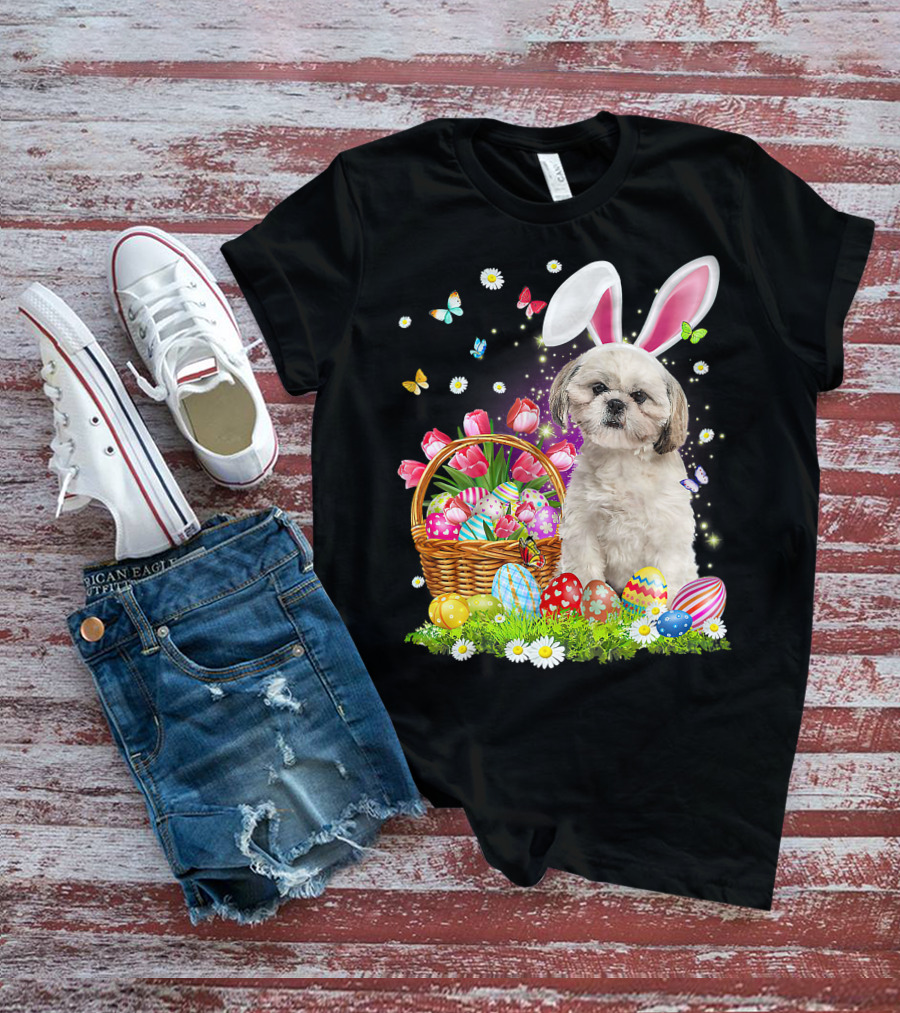 Shih Tzu Bunny Ears With Easter Eggs And Flower Basket T-Shirt