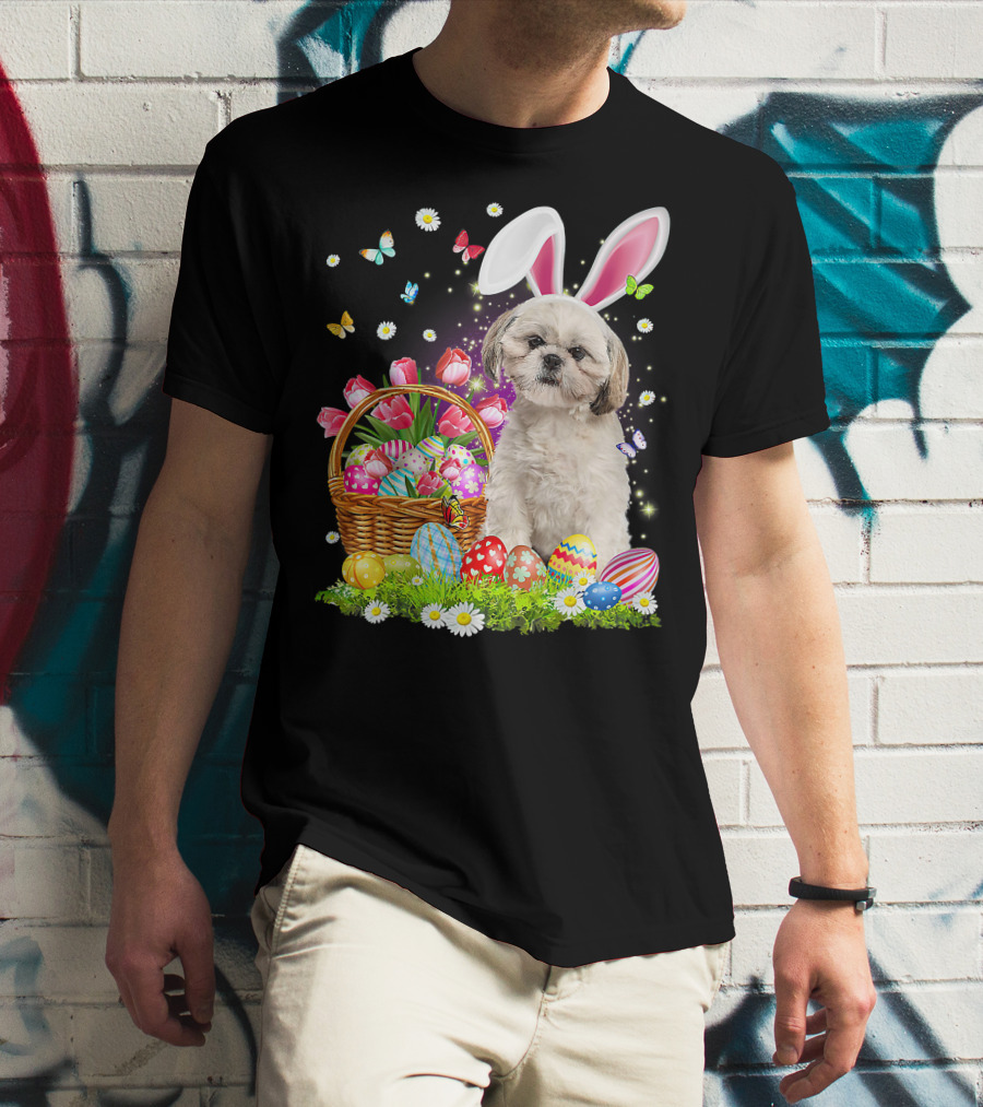 Shih Tzu Bunny Ears With Easter Eggs And Flower Basket T-Shirt