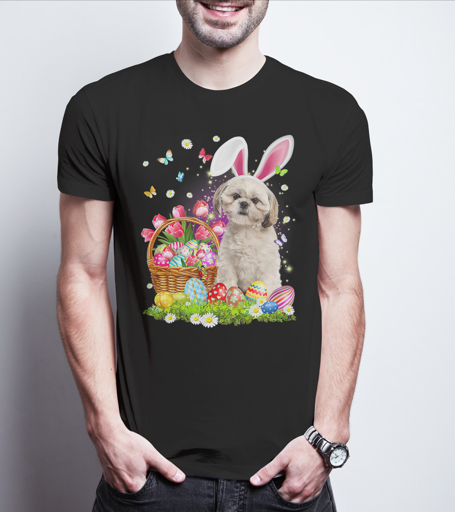 Shih Tzu Bunny Ears With Easter Eggs And Flower Basket T-Shirt
