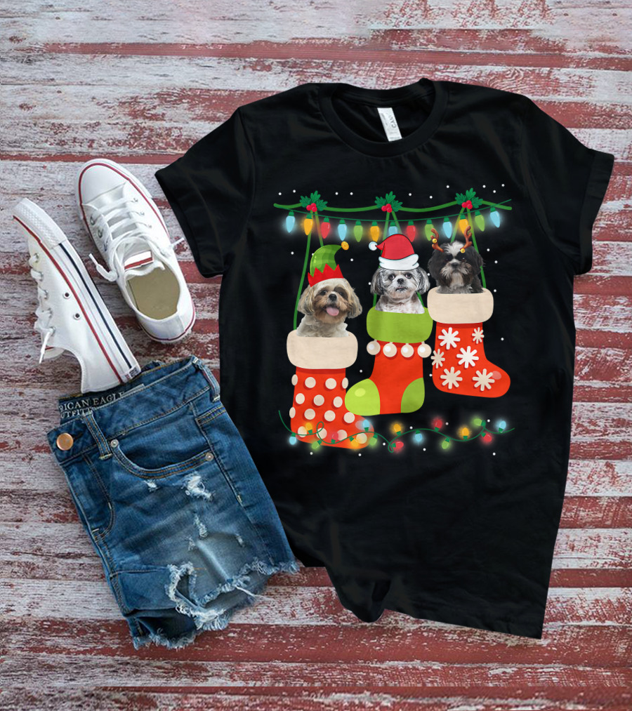 Cute Christmas Shih Tzu In Sock With Santa Hat Reindeer Antlers And Elf Hat T-Shirt