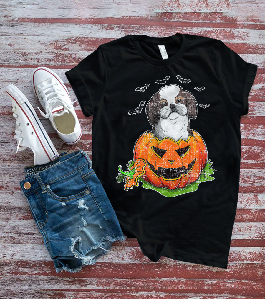 Cute Shih Tzu In Halloween Pumpkin With Bats T-Shirt