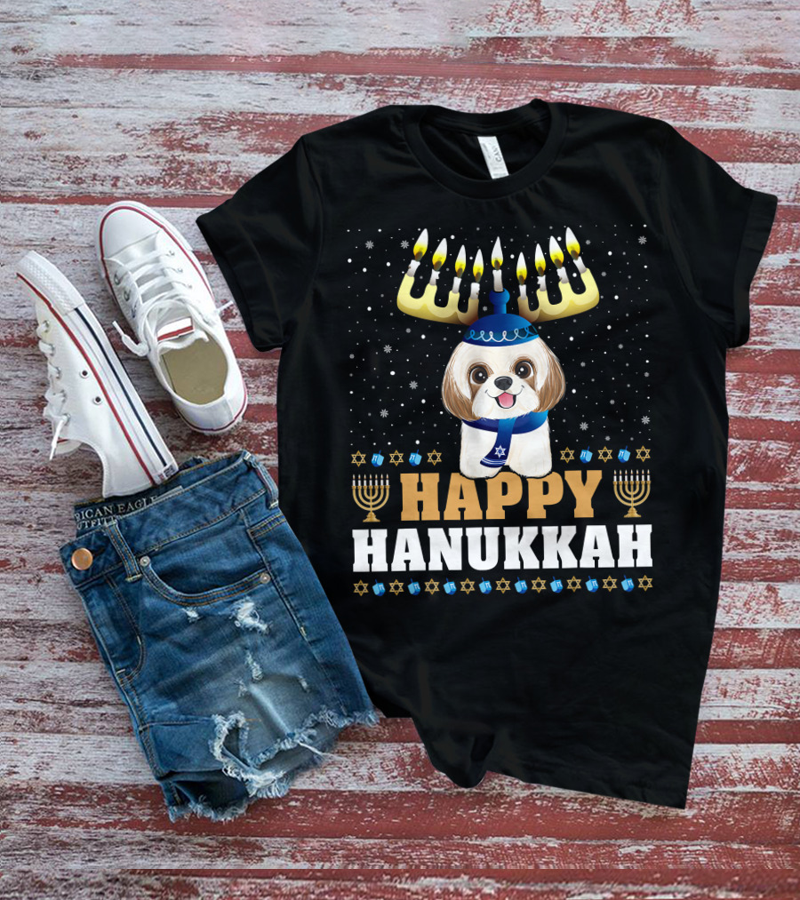 Cute Menorah Chanukah Funny Shih Tzu Happy Hanukkah T-Shirt