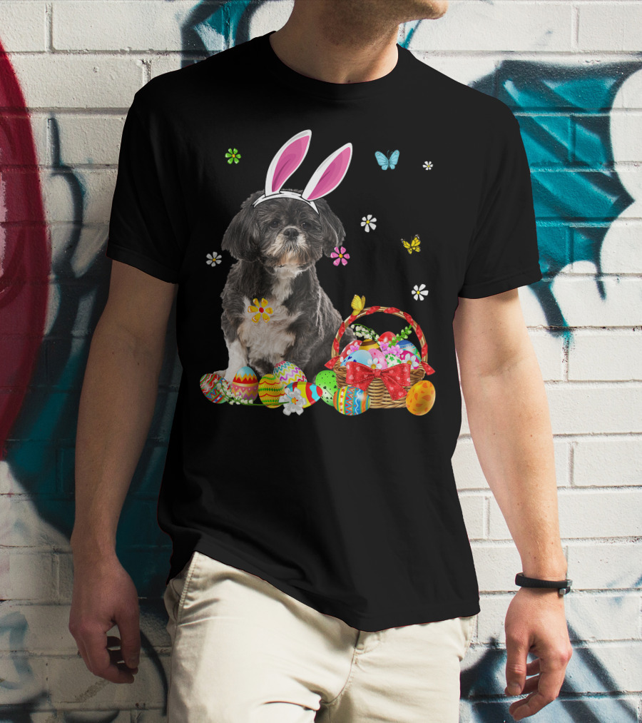 Shih Tzu Happy Easter Dog Lover Bunny Ears And Easter Egg Basket T-Shirt