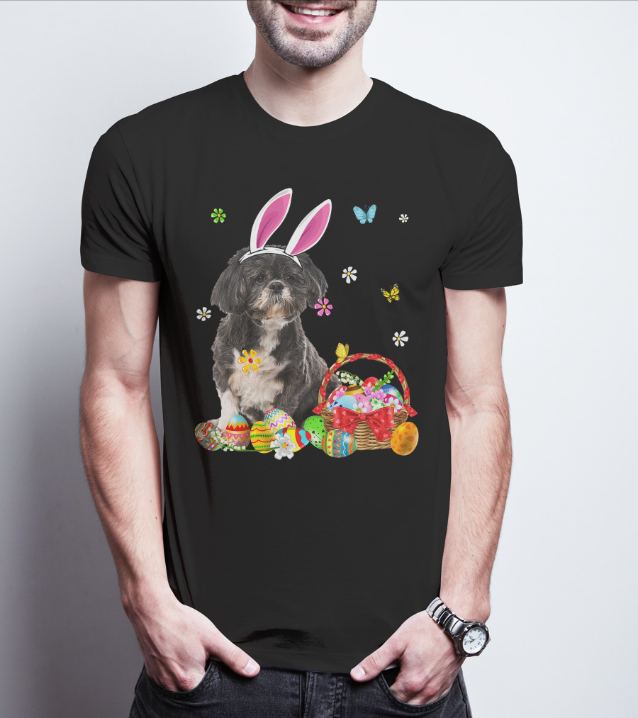 Shih Tzu Happy Easter Dog Lover Bunny Ears And Easter Egg Basket T-Shirt