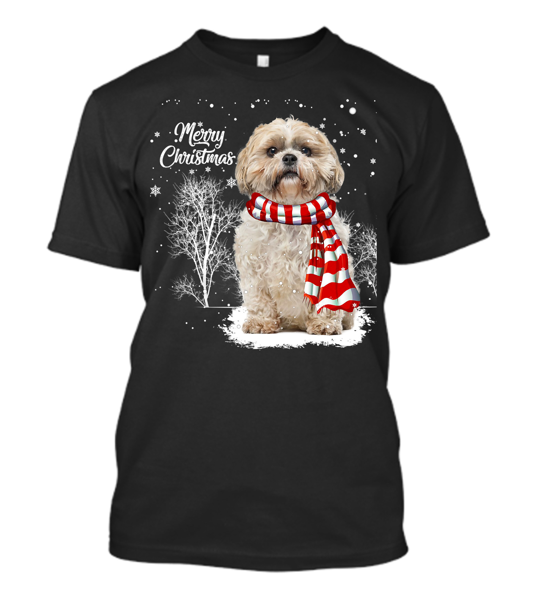 Shih Tzu Christmas Puppy Dog Lover Family Mat With Festive Scarf Snowflakes And Winter Trees T-Shirt
