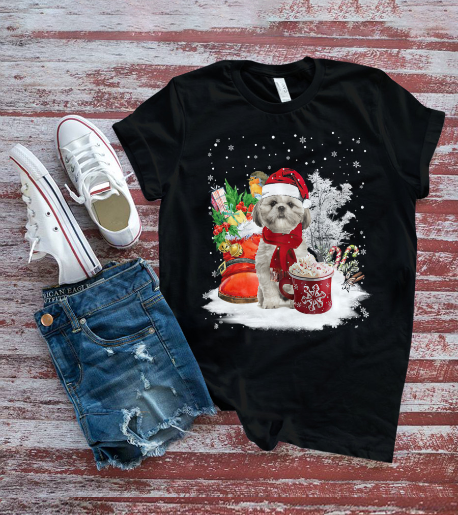 Shih Tzu Dog Santa Hat Hot Cocoa Christmas Scene T-Shirt