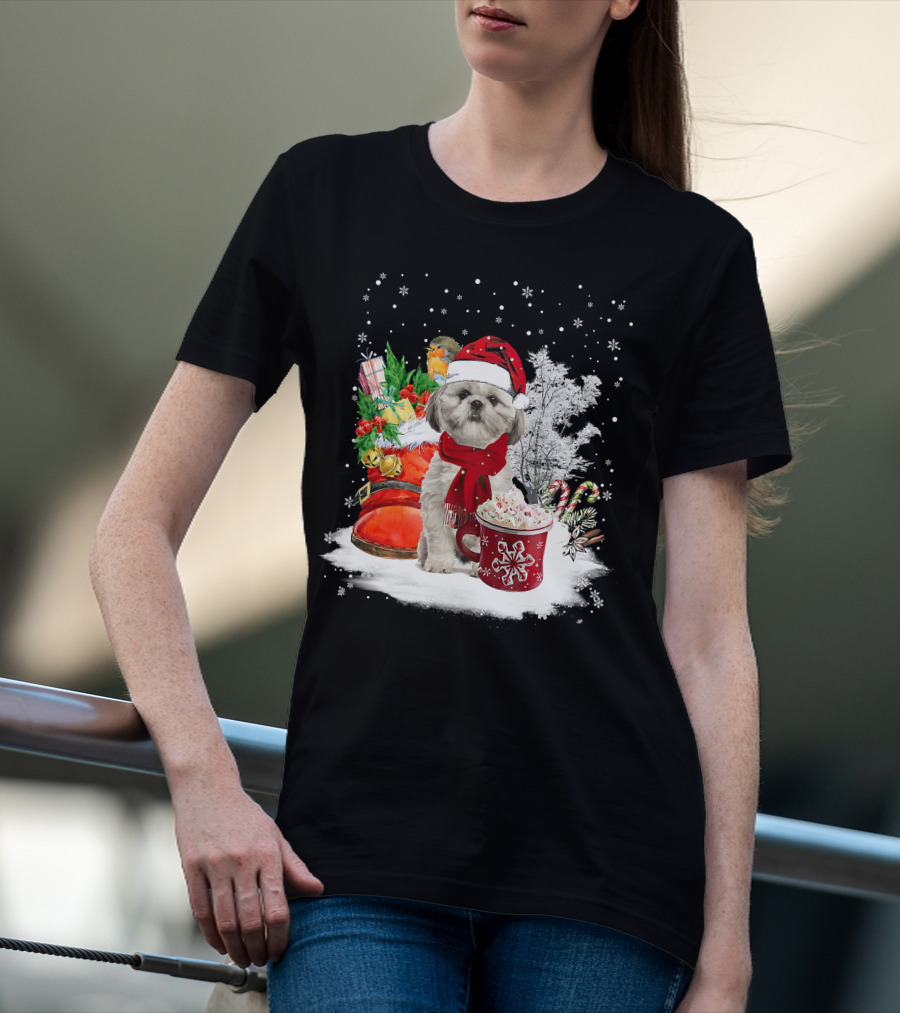 Shih Tzu Dog Santa Hat Hot Cocoa Christmas Scene T-Shirt