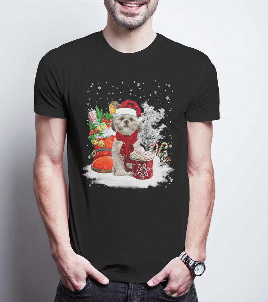 Shih Tzu Dog Santa Hat Hot Cocoa Christmas Scene T-Shirt