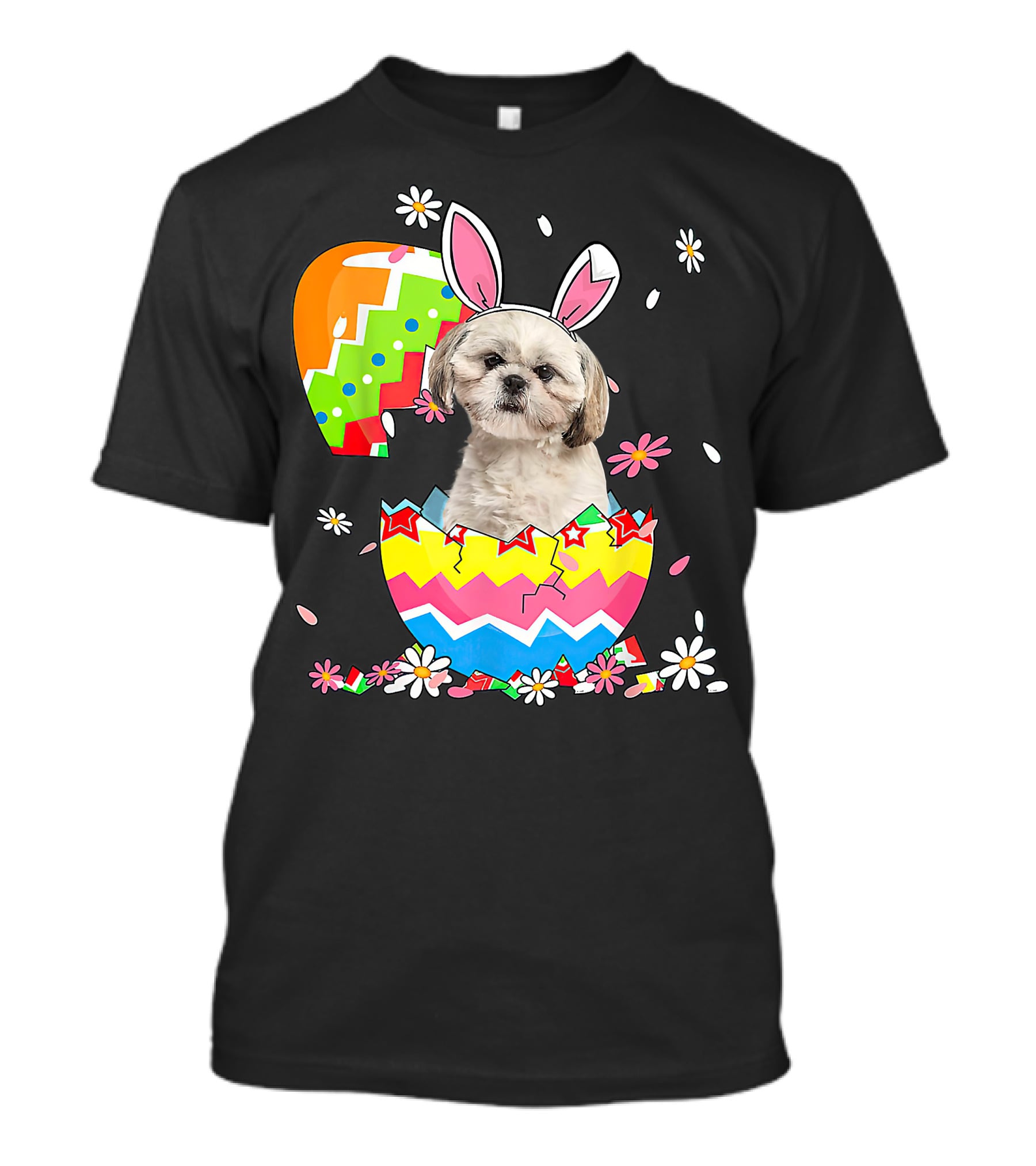 Shih Tzu Dog In Colorful Easter Egg With Bunny Ears And Flowers T-Shirt