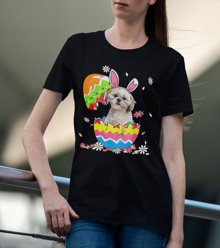 Shih Tzu Dog In Colorful Easter Egg With Bunny Ears And Flowers T-Shirt