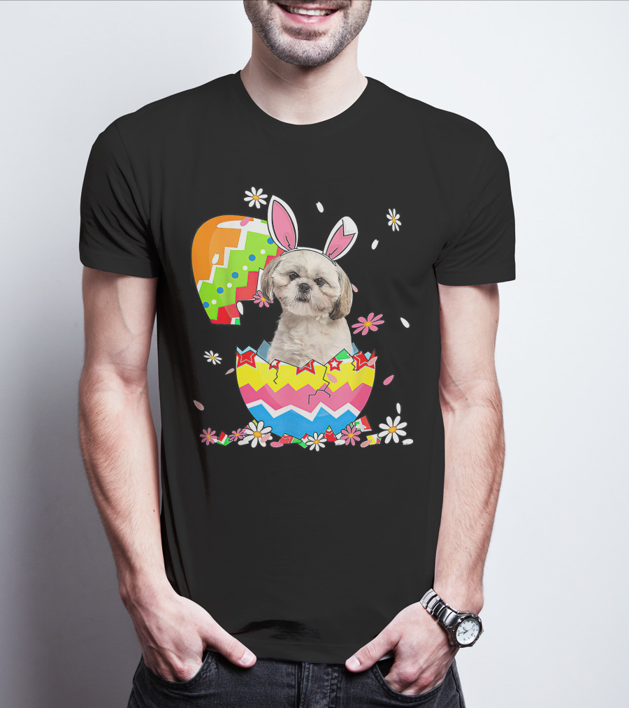 Shih Tzu Dog In Colorful Easter Egg With Bunny Ears And Flowers T-Shirt