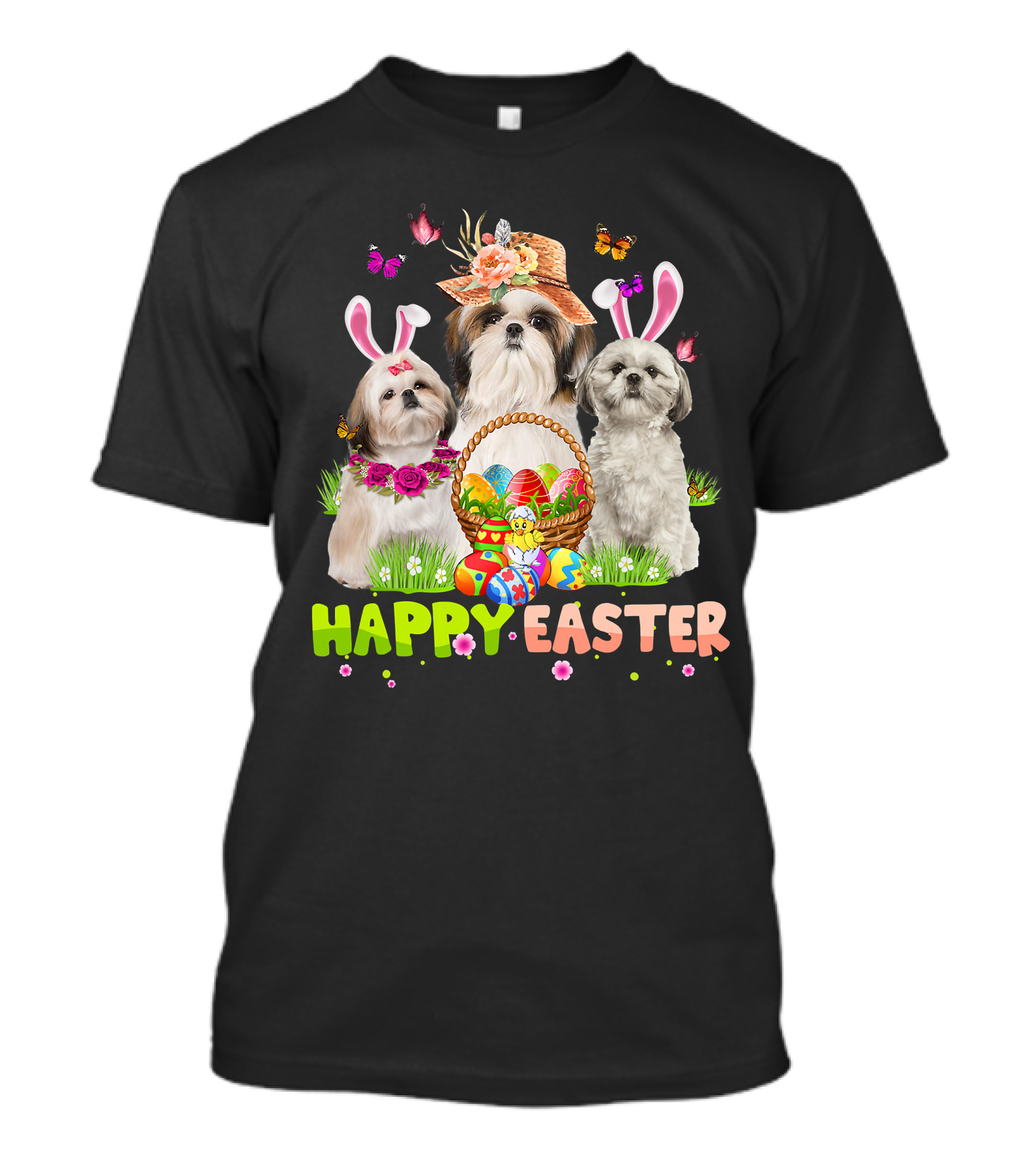 Happy Easter Shih Tzu Bunny Ears Basket Eggs Butterflies Flowers T-Shirt