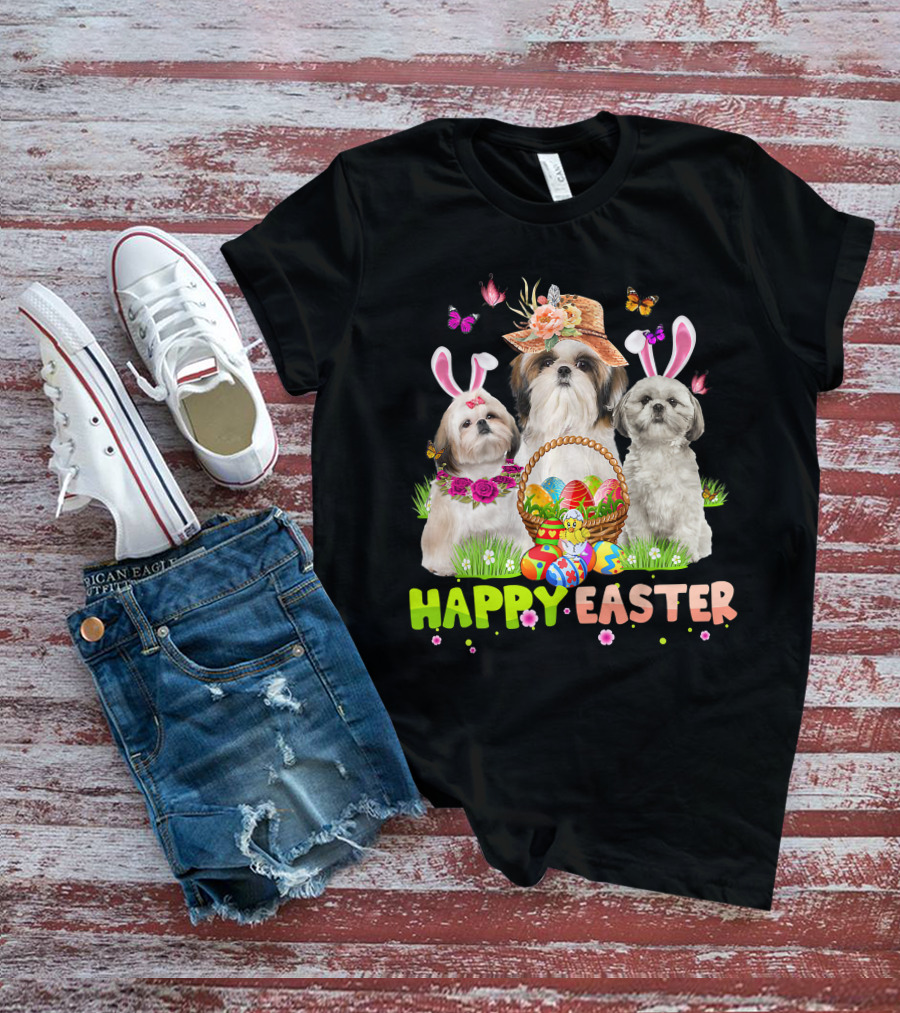 Happy Easter Shih Tzu Bunny Ears Basket Eggs Butterflies Flowers T-Shirt