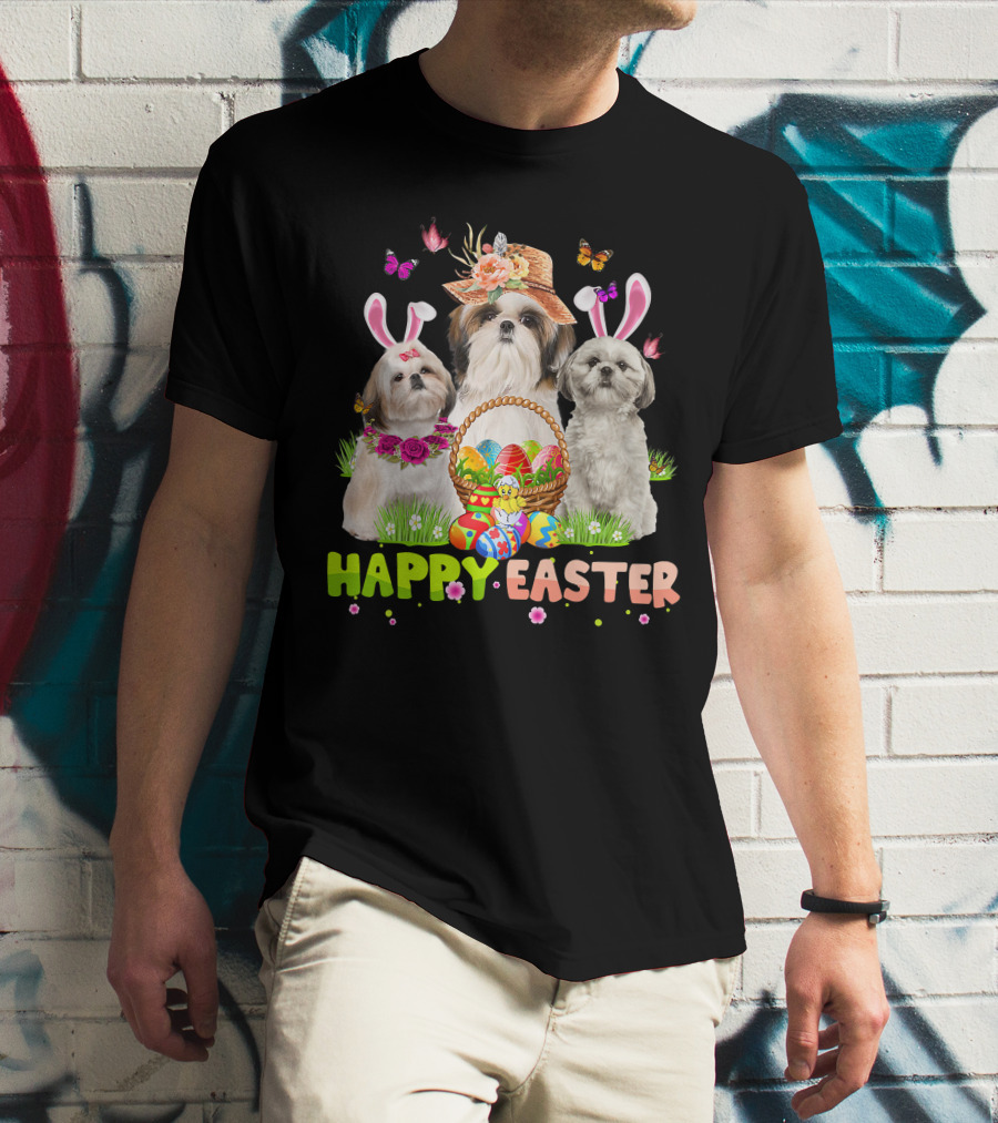 Happy Easter Shih Tzu Bunny Ears Basket Eggs Butterflies Flowers T-Shirt