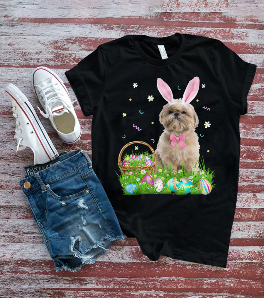 Shih Tzu Easter Day Bunny Ears And Colorful Eggs Easter98 T-Shirt